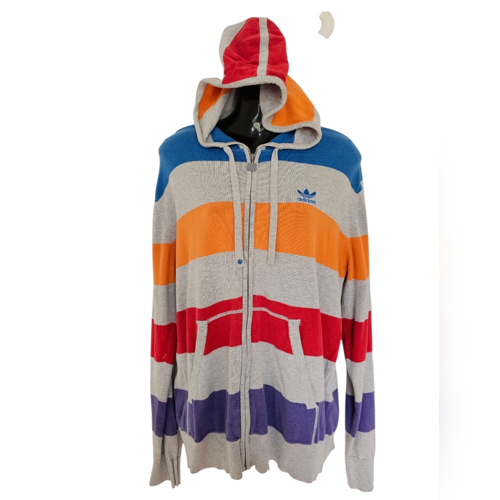 Adidas Vintage Multi Color Striped Knit Zip-Up Hoodie Sweater Size Med